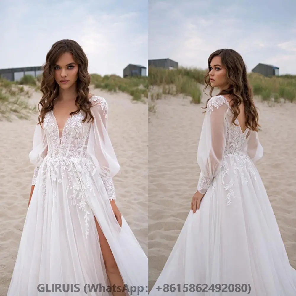 

Beach V-Neck Simple Wedding Dress 2022 Puff Sleeves High Slit Backless Bridal Gown Lace Applique Tulle Robe De Mariée