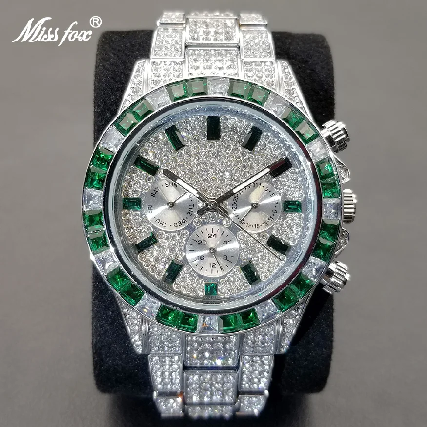 

New Ice Out Wristwatch For Men Luxury Green Moissanite Calendar Quartz Wristwatch Hip Hop Fashion Waterproof Man Clock 2023 New