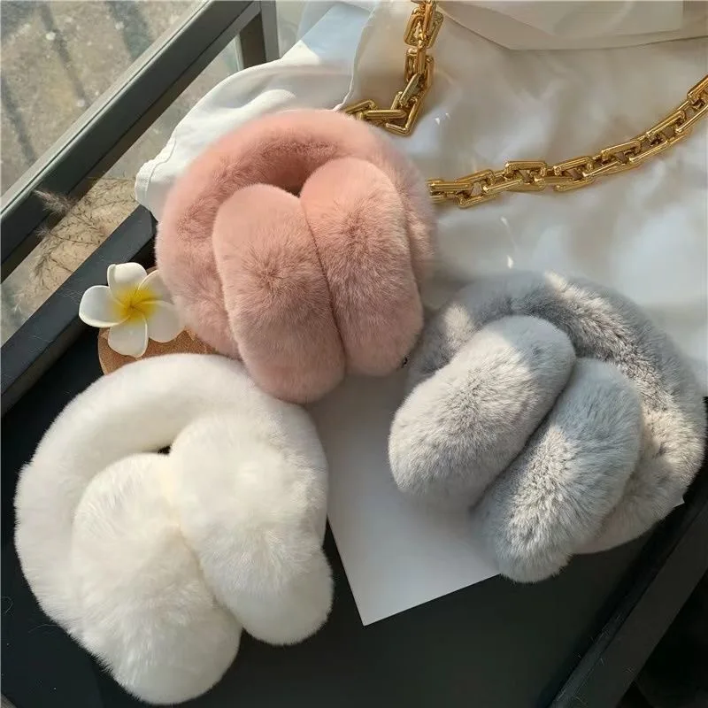 Ear Muffs Winter Soft Warm Cable Furry Real Rex Rabbit Ear Covers For Women Cold Weather