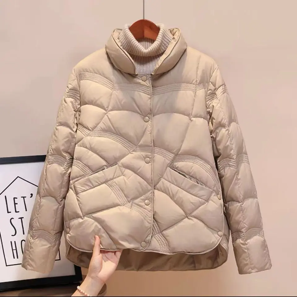 2024 New Korean Fashion Elegant Women Padded Cotton Coats Stand Collar Single Breasted Parkas Solid Long Sleeve Warm Jackets