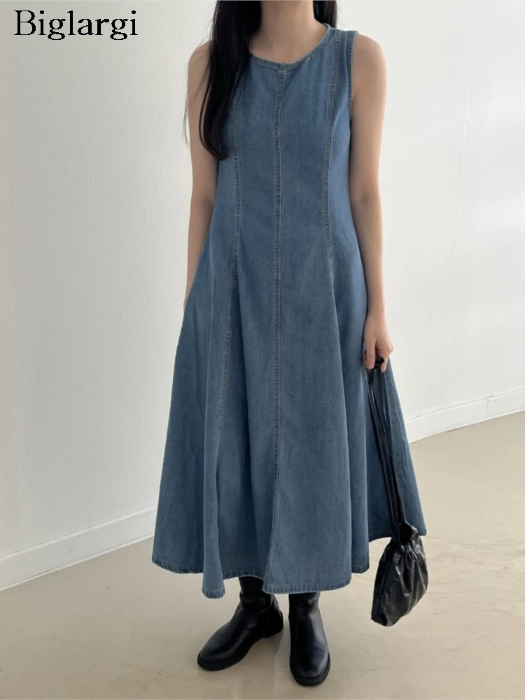 

Denim Summer Sleeveless Vests Dress Women Ruffle Pleated Fashion Ladies Dresses Korean Style Casual Woman Long A-Line Dress