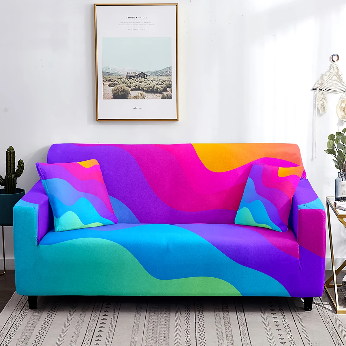 Colorful Striped Stretch Sofa Cover Abstract Patterned Couch Covers Washable Furniture Protector
