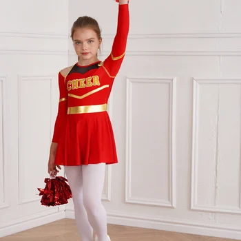 FEESHOW Cheer Leader Cheerleading Uniform For Kids Girls Long Sleeve Dress Pom Poms Stocking Hair Tie Halloween Party A Black&White 6 Years
