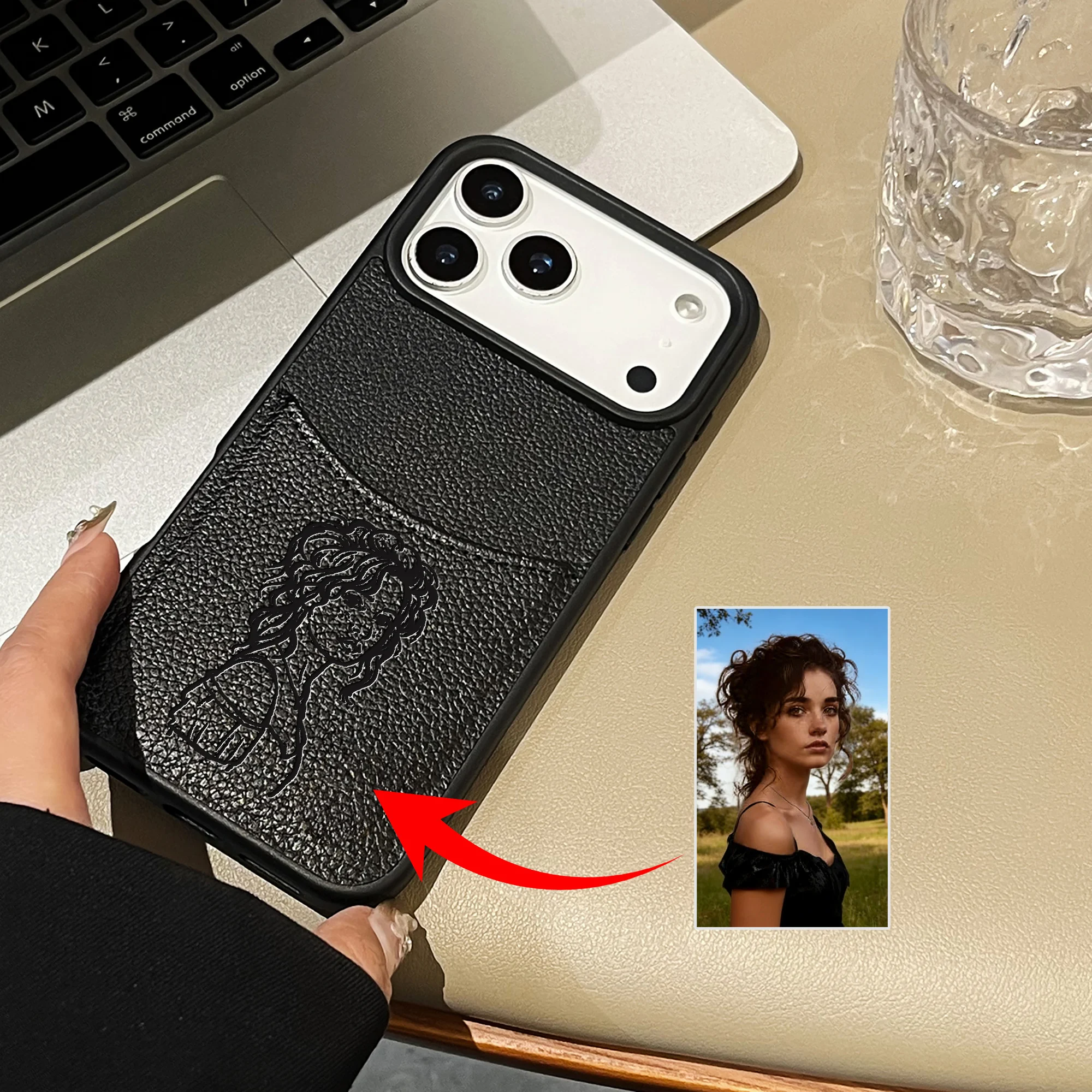 Custom Photo Sketch Lines Insertable Card Faux Leather Case for thumbnail 2