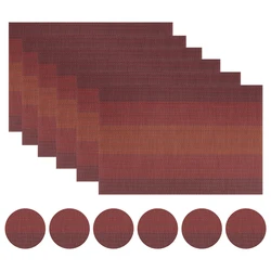 Elegant Black Woven Vinyl Placemats and Coasters Set - Non-Slip, Washable Dining and Kitchen Table Accents (Set of 6) - 30x45cm (Red)