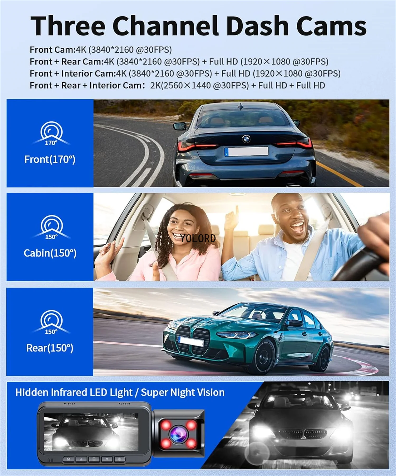 REDTIGER 4K 3 Channel Dash Cam, 5GHz WiFi Built-in GPS, 64GB Card