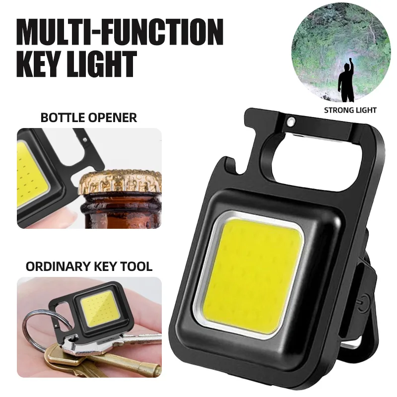 COB LED 미니 손전등 슈퍼 밝은 EDC 키 체인 빛 꼬리 자석 코르크 따개와 야외 비상 캠핑 포켓 램프