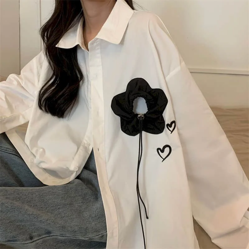 

Floral Shirts for Women Polo-neck Korean Fashion Cardigans Long Sleeve Casual Oversized Single Breasted Loose Blouse Women Tops