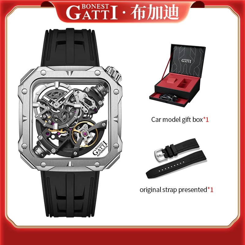 BONEST GATTI 남성용 쿼드레이트 패션 스포츠 시계, 316l 스테인레스 스틸 케이스, 할로우 아웃 기계식 시계