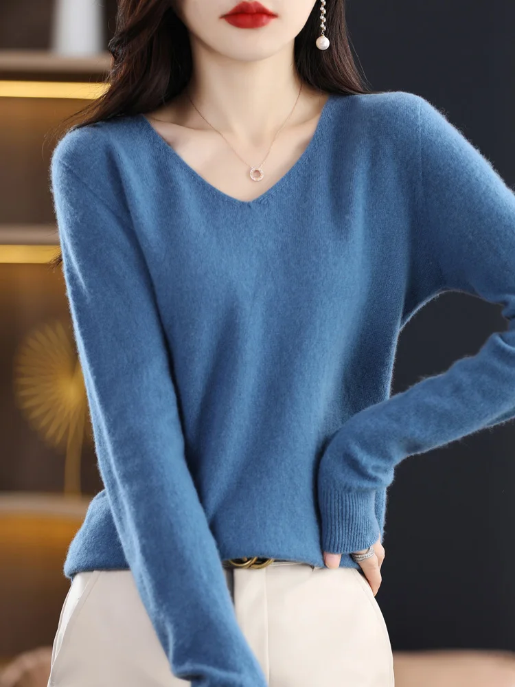 thumbnail image 1 of Suéter de lana merino 100 % para mujer, jersey básico con cuello en V, ropa de cachemira para otoño e invierno, prendas de punto suaves de manga larga, color liso, 1 of 5