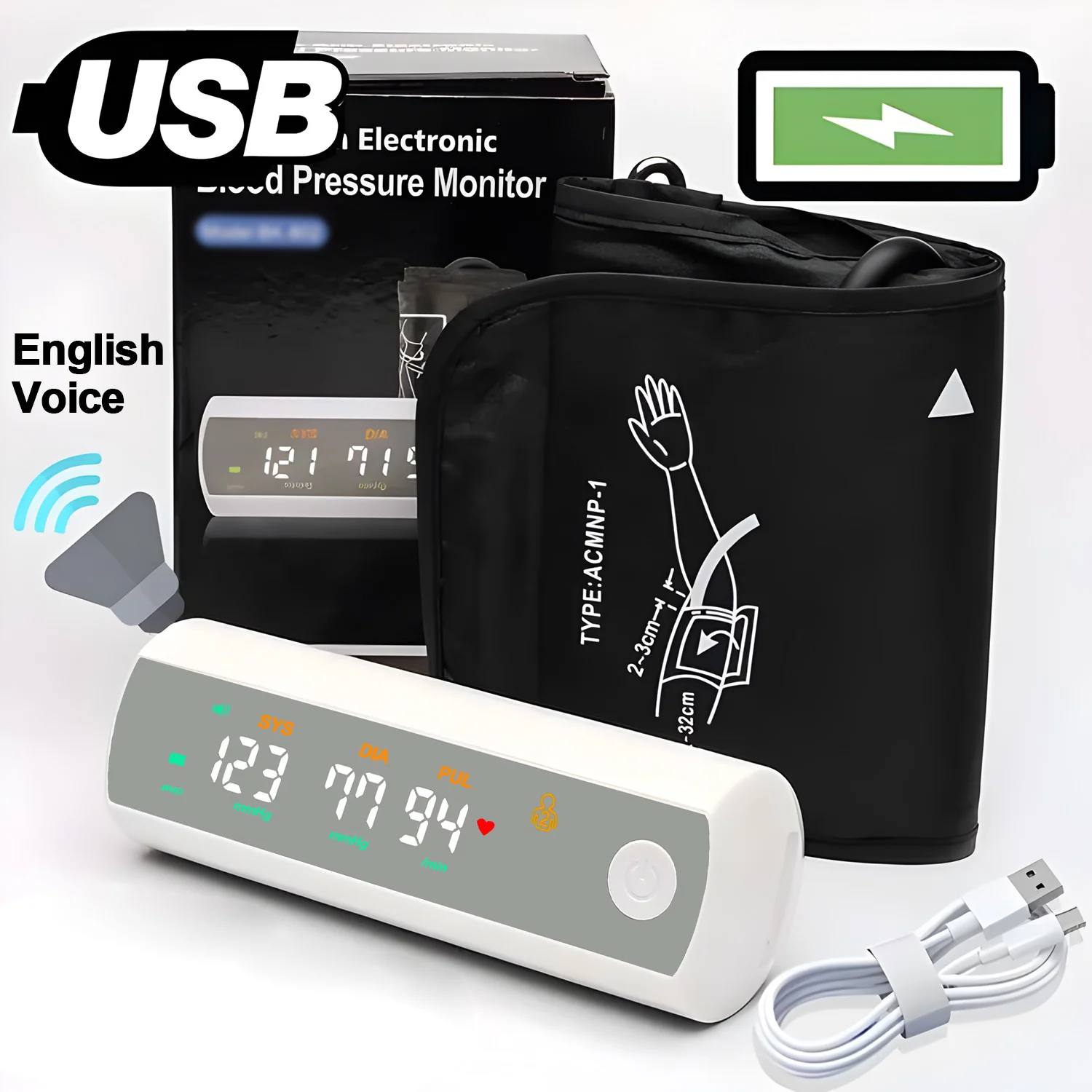 English Voice Digital Upper Arm Tonometer Medical Blood Pressure Monitor Heart Rate Sphygmomanometer Tensiometers Meter Cuff