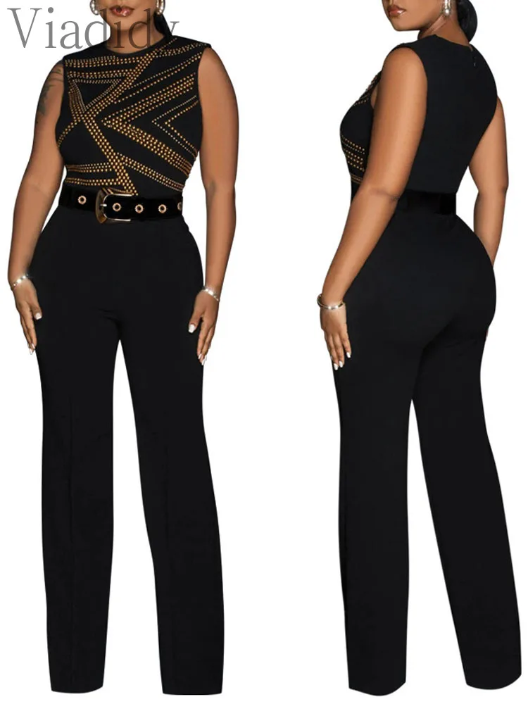 

Women Romper Studded O-Neck Sleeveless Straight Jumpsuit With Belt