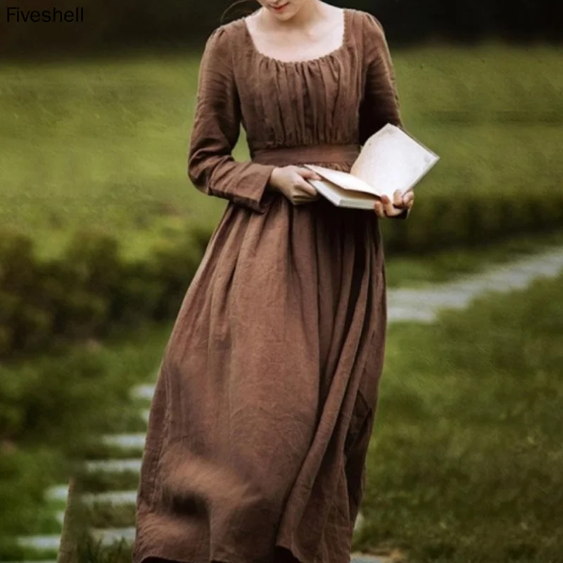 

robe New Women Medieval Victorian Retro French Apparel Dress Square Collar Long Sleeves High Waist Brown Temperament Long Dress