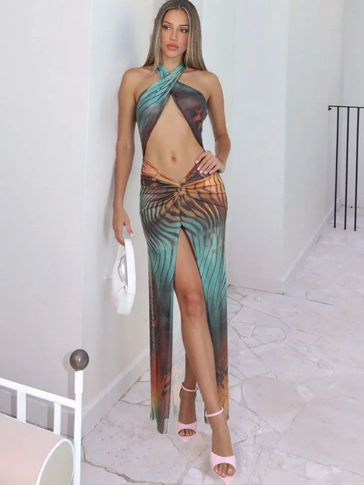 kliou Panelled Halter Cross Women Maxi Dress Sexy Mesh Thin Hollow Pleated  Split Sleeveless Sheath Robe Mujer Trend Party Frock - AliExpress
