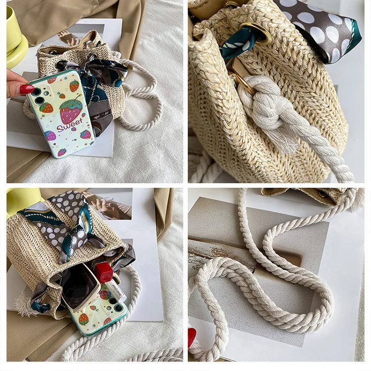 Women Straw Bags 2022 Summer New Fashion Bow Scarf Drawstring Women Bucket Bag Leisure Messenger Beach Bag