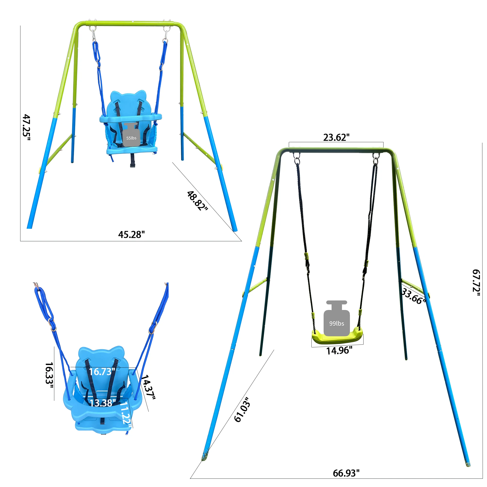green and blue interesting 2 in 1 baby swing mental plastic safe swing set 110lbs for outdoor playground for age 3+ 3