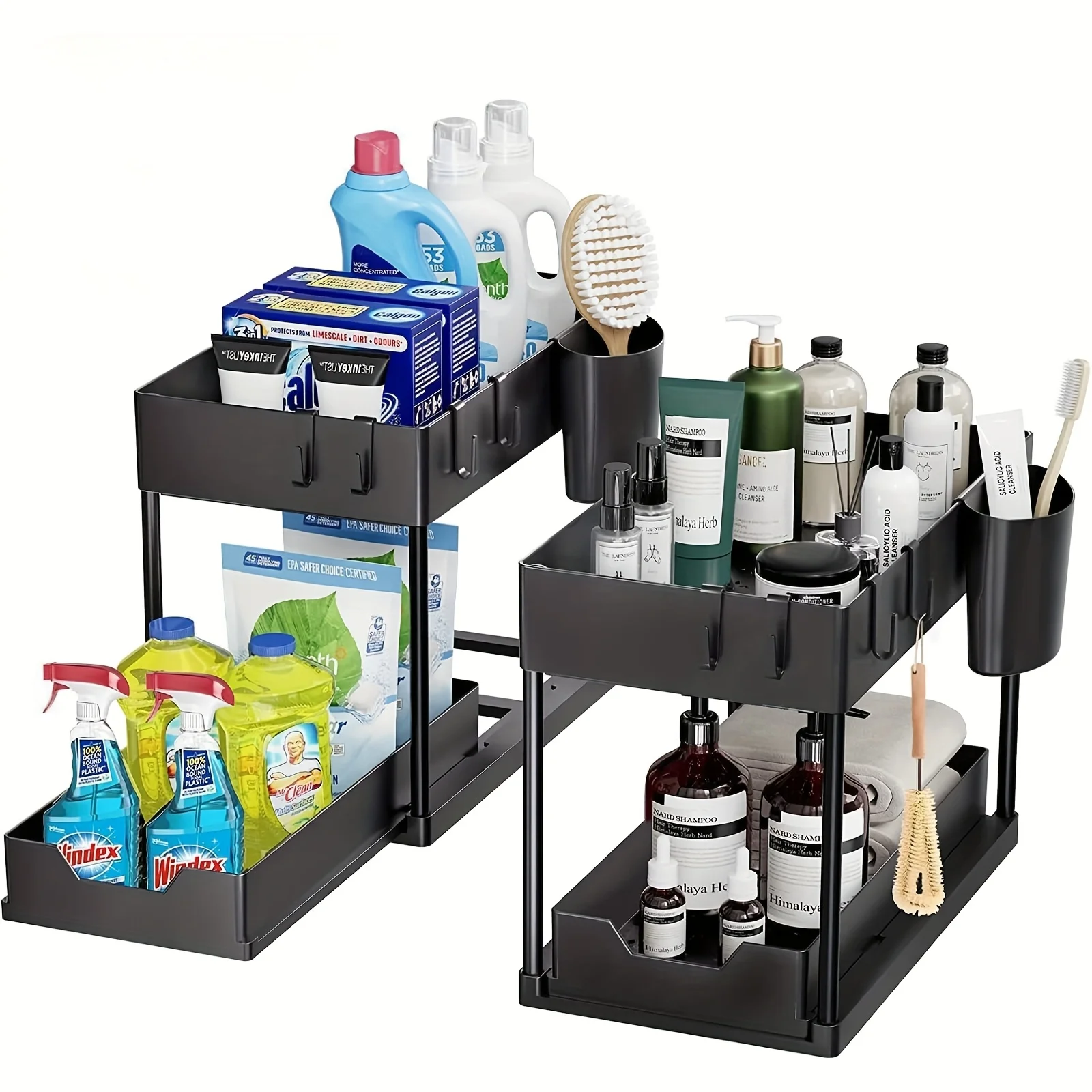 2-Tier Sliding Under Sink Organizer with Metal Frame-Plastic Storage Basket for Kitchen Spices, Cosmetics & Accessories 2-Tier Sliding Under Sink Organizer with Metal Frame-Plastic Storage Basket for Kitchen Spices, Cosmetics & Accessories