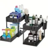 2-Tier Sliding Under Sink Organizer with Metal Frame-Plastic Storage Basket for Kitchen Spices, Cosmetics & Accessories
