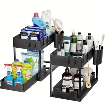 2-Tier Sliding Under Sink Organizer with Metal Frame-Plastic Storage Basket for Kitchen Spices, Cosmetics & Accessories