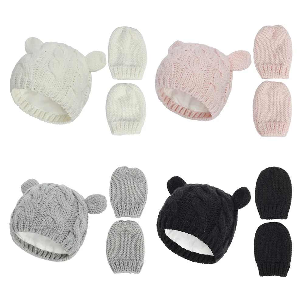 

Baby hat Kids Girls Boys Winter Warm Knit Hat Ear Solid Warm Cute Glove 2pcs Lovely Cap 0-18M