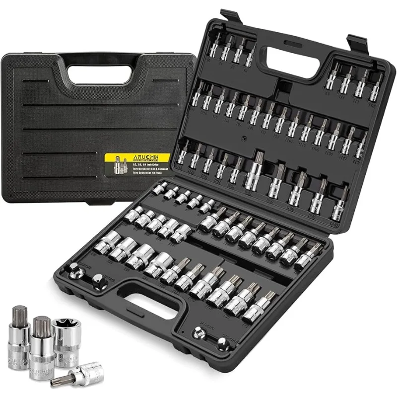 

64-Piece External Torx Bit Socket Set, 1/4, 3/8, 1/2-inch Drive Master Hex and Star Bit Set, S2 and CR-V Steel