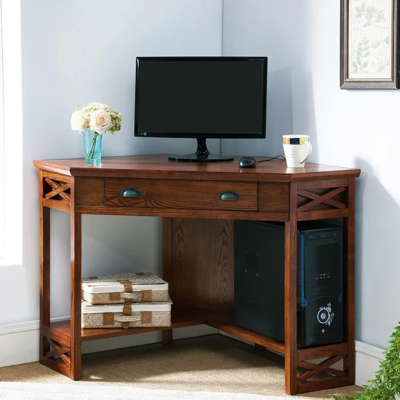 

82431 Corner Computer Writing Desk with Drop Front Keyboard Drawer, Oak