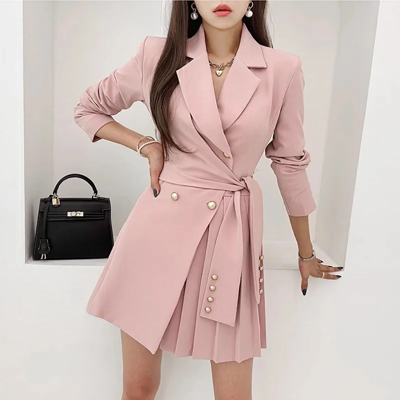 

Ladies Office Autumn Pink Blazer Dress 2023 New Korean Women Notched Collar Double-Breasted Lace - Work Pleated Mini Vestidos
