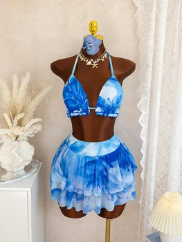Women's Blue Floral Print Bikini Set, Halter Ruffled Triangle Top with Layered Mesh Skirt Two Piece Swimsuit for Beach Vacation 1