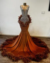 Pumpkin Sparkly Mermaid Prom Reception Dresses for Women Luxury Diamond crystal Feather Evening Ceremony Gown vestidos de fiesta