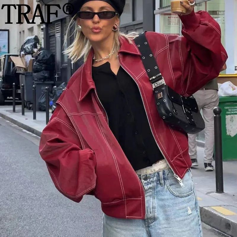 

TRAF Red Bomber Jackets Zip Up Autumn Winter Coat Woman Faux Leather Jacket Women Long Sleeve New In Jackets Demi-Season Jacket