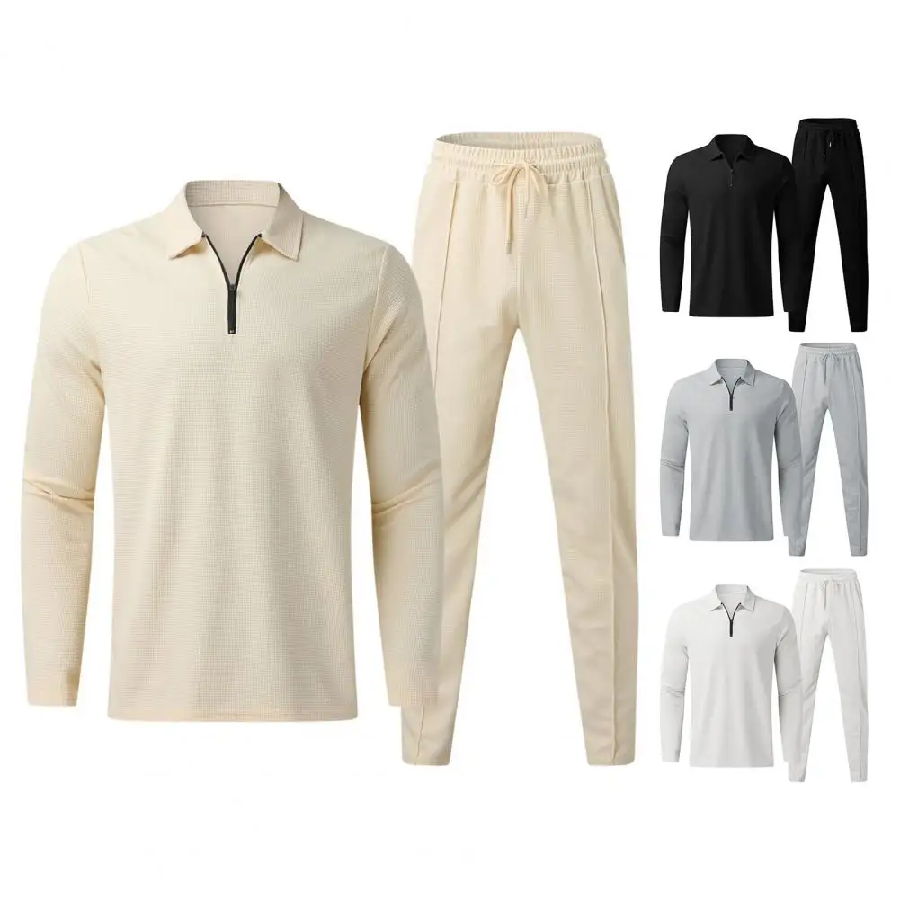 

Men Regular Fit Suit Men's 2-piece Tracksuit Set with Turn-down Collar Shirt Drawstring Elastic Waist Pants Long Sleeve Solid