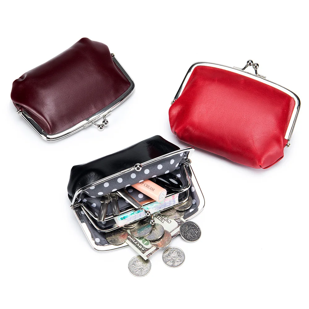 Double Change Pocket Small Kiss Lock Coin Purse for Women Vintage Leather Mini Purse Clasp Buckle Wallet Storage Pouch for Girl