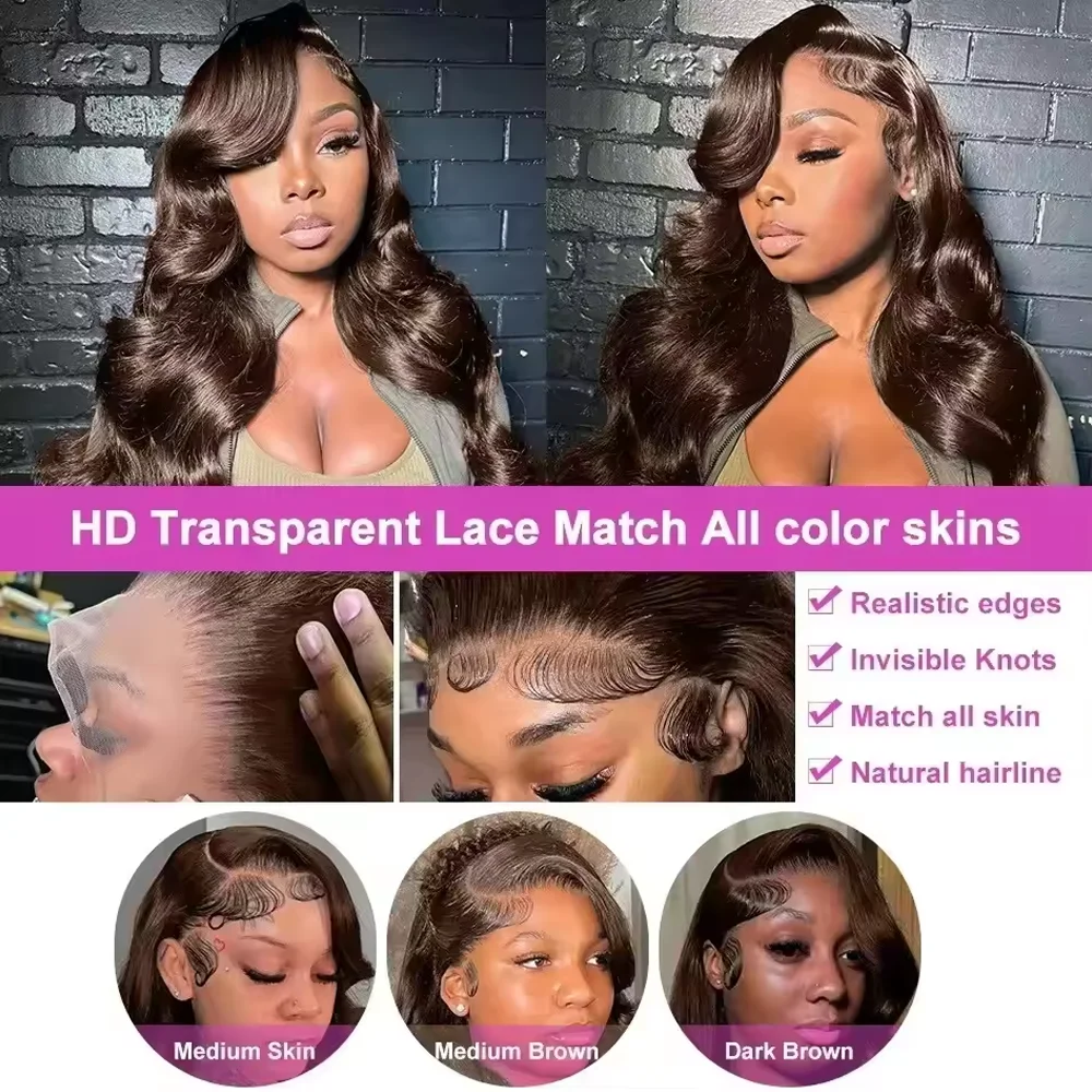 Body Wave Chocolate Brown 13x4 Lace Front Wigs Human Hair Pre Plucked Brazilian Brown Virgin Hair HD Frontal Wig For Black Women 3