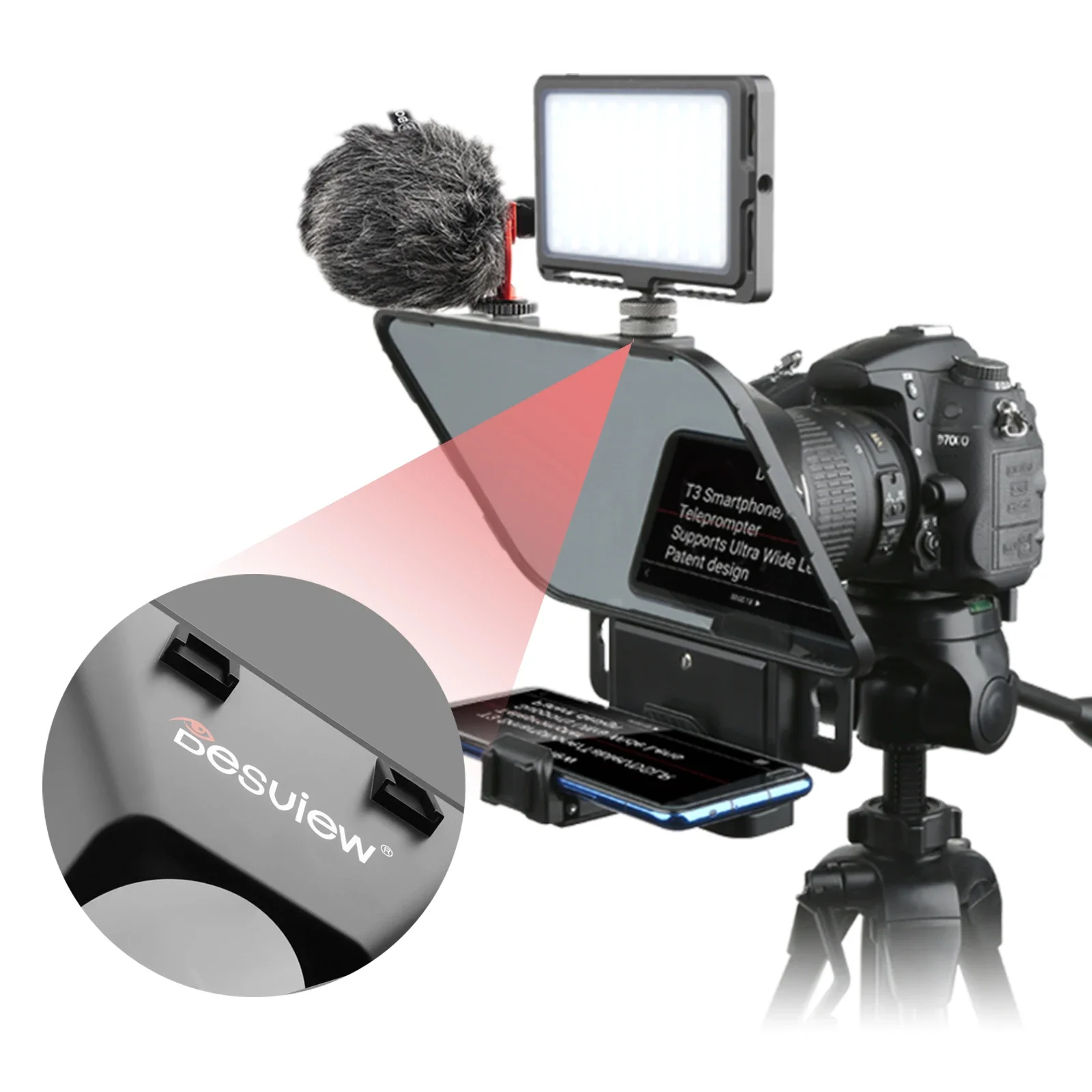 Desview T3 3 세대 텔레프롬프터, DSLR 카메라, 휴대폰, 태블릿용, 최대 11 인치 렌즈 장착, 리모컨 경량