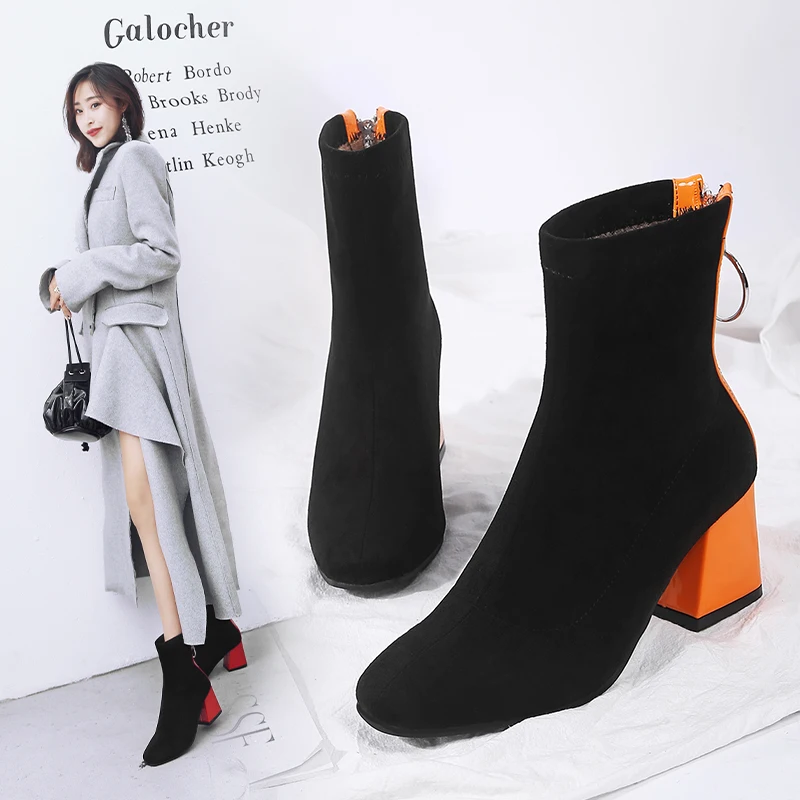 

2023 new autumn winter Women ankle boots plus size 22-29CM Suede upper modern boots back zip thick Colored Heels short boots