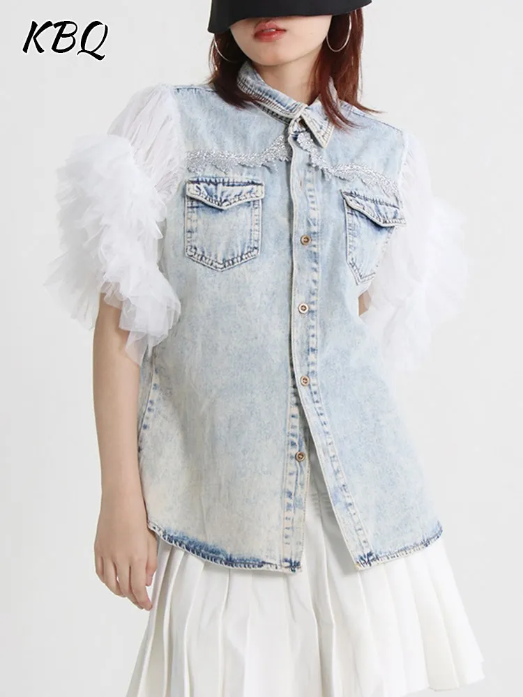 KBQ Spliced Mesh Denim Jackets For Women Lapel Butterfly Sleeve Hit Color Single Breasted Slimming Casual Coats Female Summer