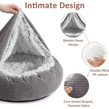 Small Dog Bed with Blanket Attached, Round Calming Hooded Cozy Cave Dog Beds for Small Dogs, Soft Plush Cuddler Puppy Pet Bed 3
