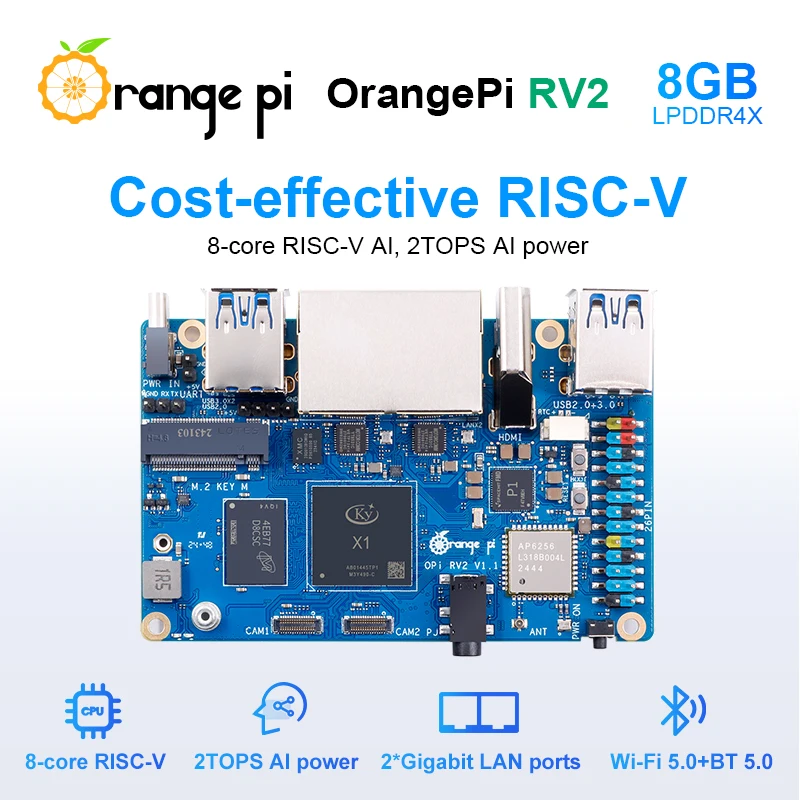 Orange Pi RV2 8GB RAM RISC-V AI Single Board Computer 2 TOPS NPU WiFi+BT5.0 Gigabit Ethernet SBC M2 NVMe SSD Development Board ai board mini development board single board computer