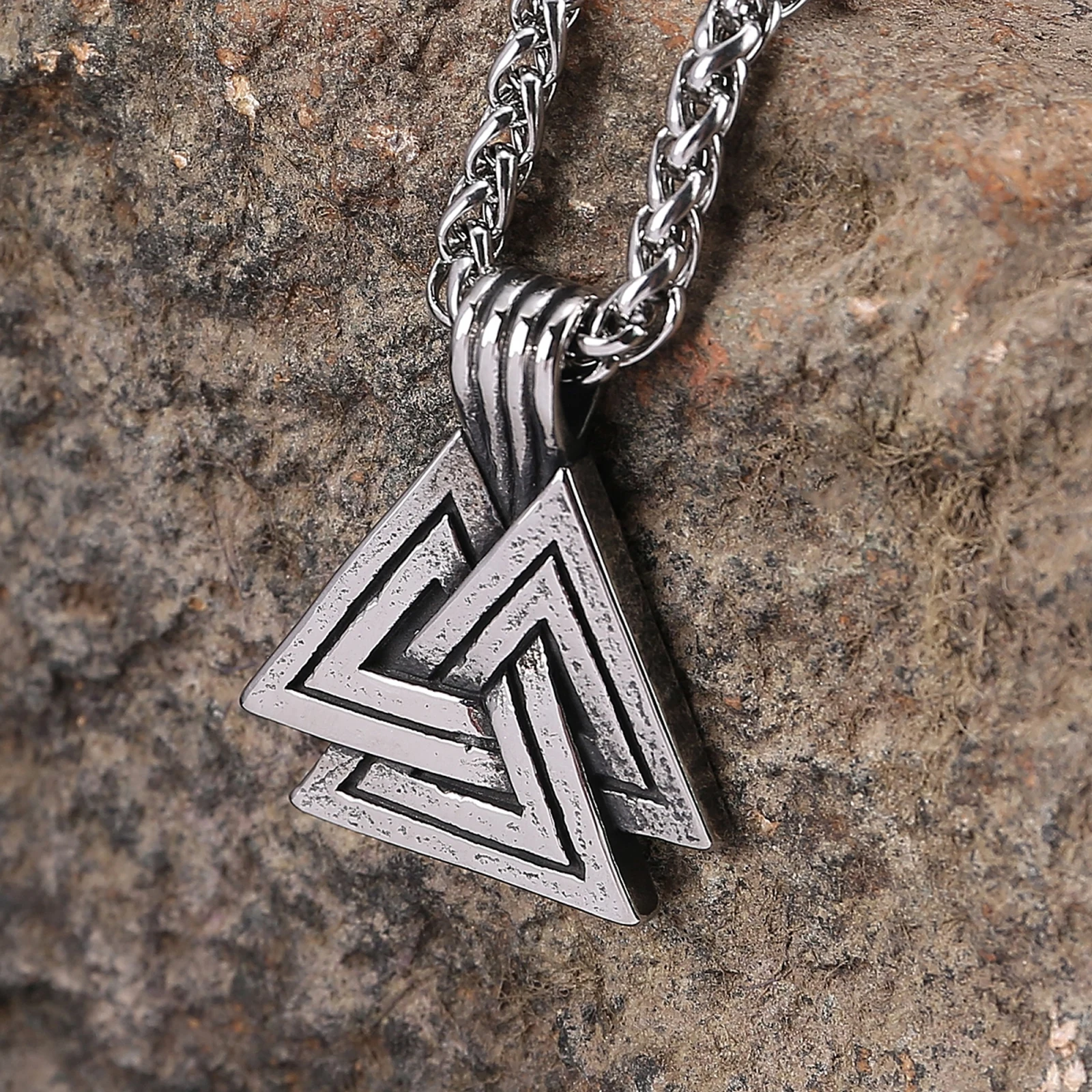 Norse Jewelry Viking Knot stainless steel jewerely Amulet Valknut Triangle Pendant necklace Pendant，Unisex Necklace