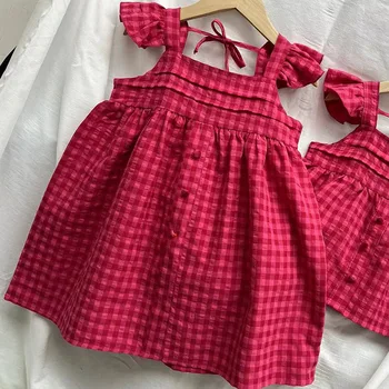 Kids Girls Plaid Dress Summer Sleeveless Ruffle Shoulder Dresses And Top Toddler Girl Elegant Dress Fashion Girls Clothing 4