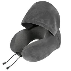 Hooded Adjustable U - Shaped Travel Neck Pillow with Polyester Fill (Grey - 1pc)
