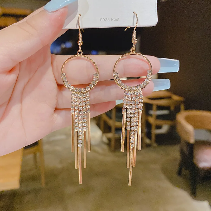 S16b619107aae4cc4bdbd1a69a2dbefdbC Long Dangle Earrings For Women New Fashion Multi-layer Crystal Zircon Tassel Drop Earring Gold Color Luxury Jewelry Mallzona
