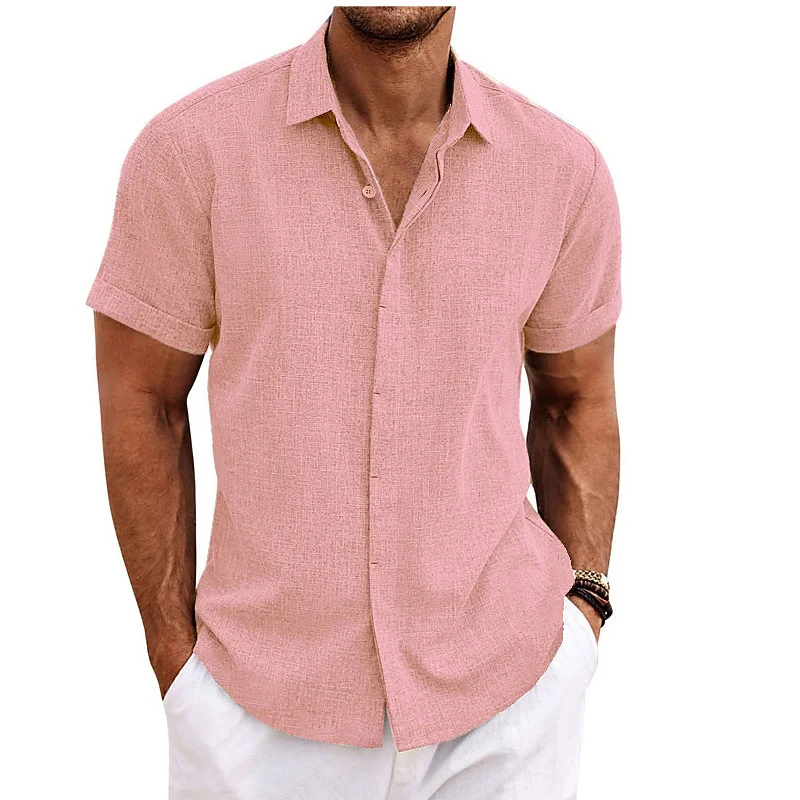Summer New Solid Color Fashion Short Sleeve Shirt Man High Street Casual Loose Button Cardigan Men Fiberflax All-match Tops