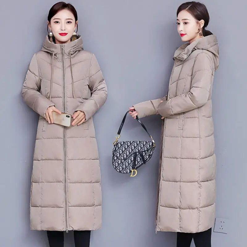 

2023 Winter Long Knee Length Women's Padded Coat Commute Zip Hood for Warmth Coat Straight Type Khaki Women's Clothing