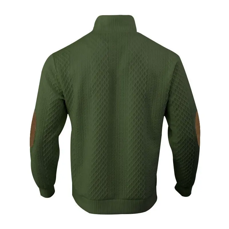 Men's Waffle Knit Quarter Zip Pullover with Contrast Trim and Elbow Patches Casual Long Sleeve Sweater