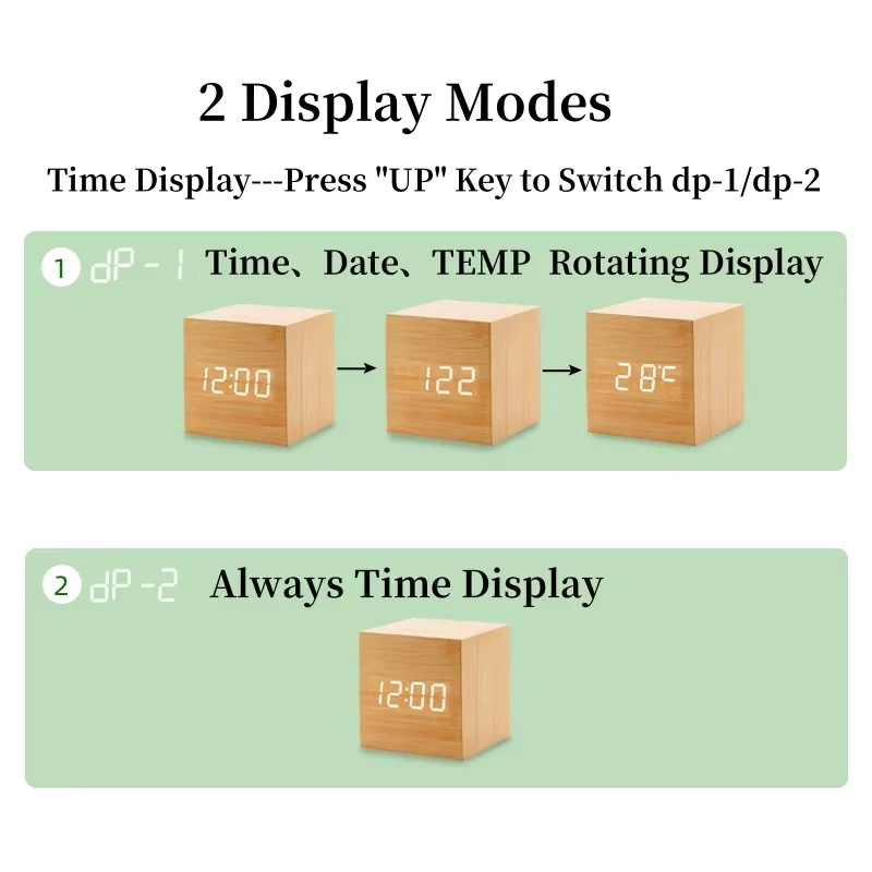 LED Wooden Digital Alarm Clock with Voice Control and USB/AAA Power Options