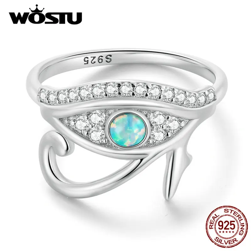 Wostu 925 Sterling Silver Egiziano Eye Of Horus Band Rings Donna Fire Opal Stone White Zircone Guard Ring Gioielli Per Feste Di Compleanno