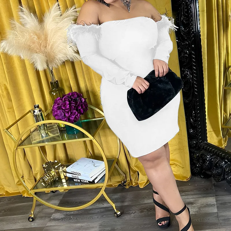 Spring Summer Solid Color Sexy One Word Collar Fluffy Lace Trend Plus Size Clothes Women Long Sleeve Bag Hip Knee-Length Dresses