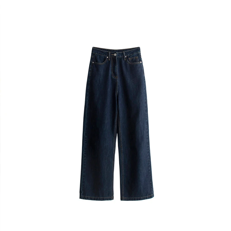 plus Size Deep Blue Denim Jeans Women's High Waist Loose Slimming Wide Leg Pants Straight Long Trousers for Pear aped Body