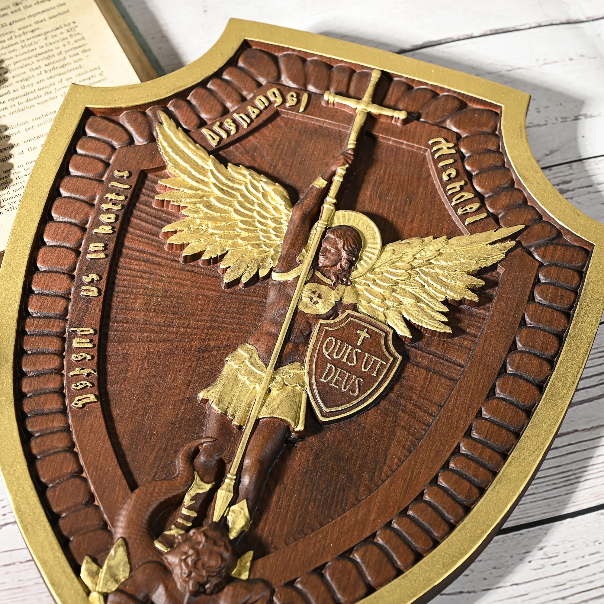 Shield of Saint Michael's family, wall hanging, religious statue, wood carving, home decoration